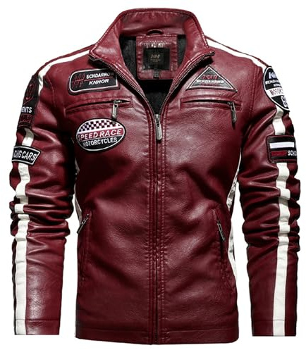 PIIBON | Chaqueta para Hombre de Piel sintética. Cazadora de Cuero sintético estilo Motero. Moda Casual de Cuero Vegano. Biker - Motociclista. (FR/ES, Letras, L, Regular, Regular, Rojo - Granate)
