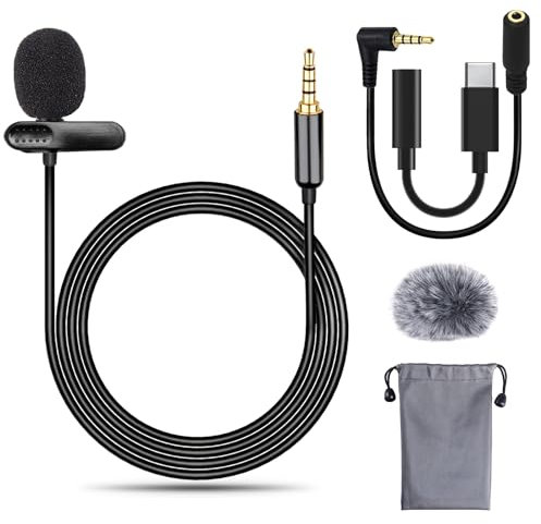 Lavalier Microphone, Clip on Condenser Microphones with Type C 3.5mm Jack, Grade Omnidirectional Lapel Mic for Samsung, Laptop, Streaming Conferencing, Interviews, Audio Video Recording (9.84Feet)