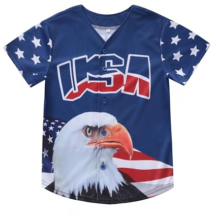 Boys 4th of July American Flag Button Down Shirts USA Baseball Jersey Personalized Patriotic Tops for 2-14 Years Kids