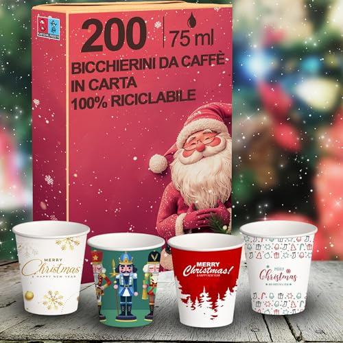 GM 200 Bicchierini di Carta da Caffe Natalizi 75 ml (4 fantasie) bicchierini monouso, biodegradabili Ecologici Monouso Piccoli Asporto Bevande Calde senza perdite
