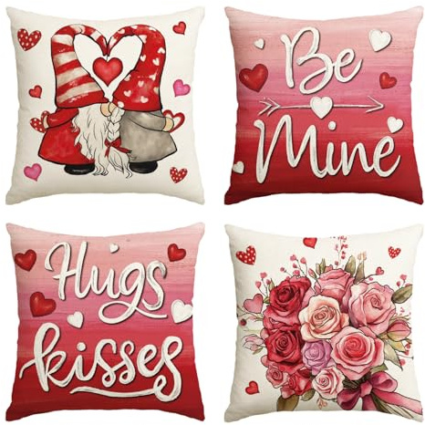 AVOIN colorlife Valentine's Day Hugs and Kisses Dwarf Throw Pillow Covers, 16 x 16 Inch Be Mine Rose Bouquet Anniversary Wedding Cushion Case Decoration for Sofa Couch Set of 4