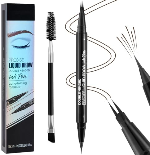 LOPHE Lápiz de Cejas Microblading, 2 en 1 Doble Punta Lapicera de Cejas con Cepillo Cejas, Punta Ultraprecisa Bolígrafo de Cejas, Resistente al Agua, Usos Múltiples Delineador de Ojos (Marrón Oscuro)