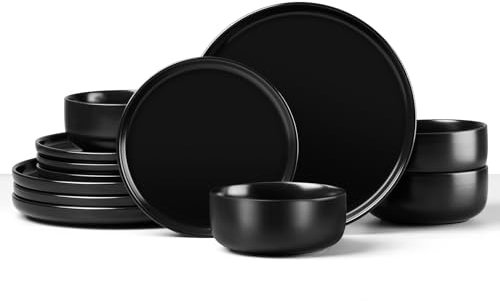 HaWare Dinner Set, 12 Piece Stoneware Dinnerware Service for 4, Elegant Matte Glaze Dining Ware Include Plates and Bowls, Chip and Scratch Resistant, Microwave & Dishwasher Safe, Matte Black