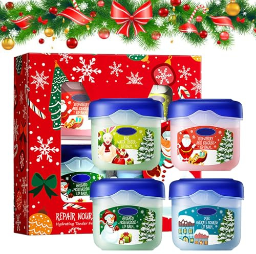 Bálsamo Labial, Bálsamos Labiales, 4 Piezas Juego de Bálsamo Labial Navideño, Cuidado de los Labios, Mascarilla de Labios Hidratante