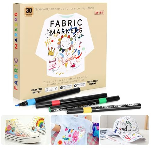 30PCS Fabric Pens Permanent for Clothes, Fabric Markers, Canvas Tote Bags White T Shirts Pillowcases Fine Tip Textile Markers for DIY Baby Shower Games and Craft Paint Pens Gift for Kids and Adults