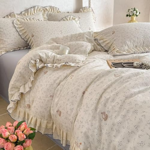 AMZTOP Rabbit Floral Duvet Cover Set 100% Muslin Cotton Gauze Bedding Set,1 Full Size Duvet Cover with 2 Pillowcases with Ruffles,All Season Lightweight Breathable Soft Quilt Covers Baby Kids 80×90