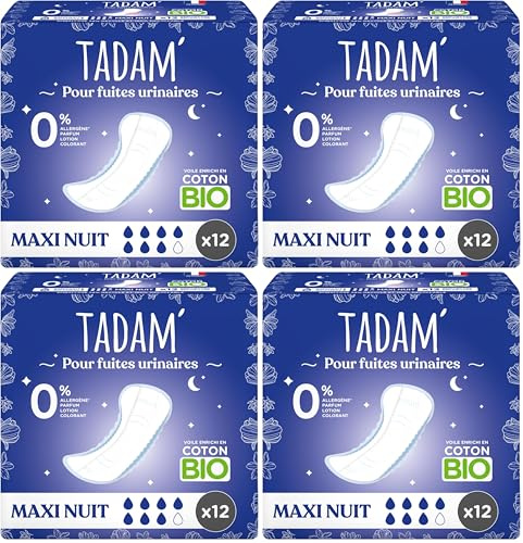 TADAM' - Serviettes Fuites Urinaires - Protection Maxi Night - Enrichi en coton Bio - Sans substances toxiques - Sachet de 12 (Lot de 4)