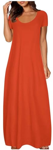 Ever Pretty Dresses for Women Casual Short Sleeve Cotton Swing Long Maxi Dress Scoop Neck Flowy Sundress with Pockets for Beach Holidays Orange