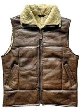 LeLuxNY Men's Brown Shearling Leather Vest – Sherpa Lined fur Sheepskin Sleeveless Winter Vests for Warm & Style (US, Alpha, Large, Regular, Regular, 1, Distressed Brown)