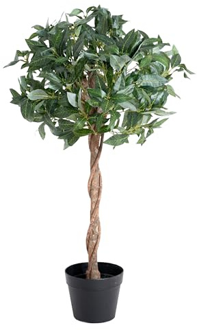 Blooming Artificial Bay Tree - UV & Water Resistant Artificial Plant in Pot for Front Door, Porch & Patio, Braided Natural Wood Stem (90cm)