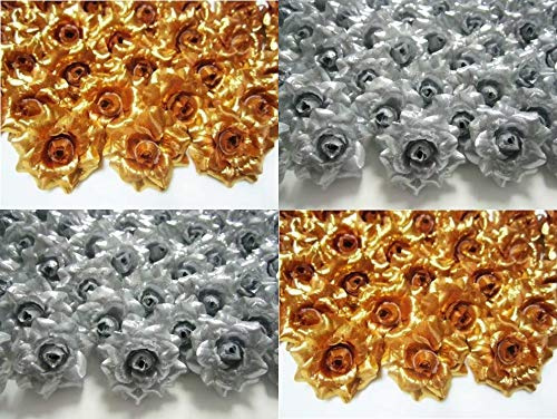 ICRAFY 50 Silk Flower Gold & Silver Roses Flower Head - 1.75 - Artificial Flowers Heads Fabric Floral Supplies Wholesale Lot for Wedding Flowers Accessories Make Bridal Hair Clips Headbands Dress