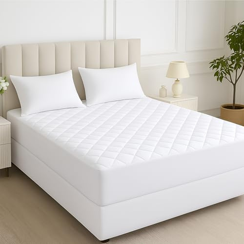 Double Mattress Protector Hotel Quality - Extra Deep 40cm Elasticated Skirt – Anti Allergy 100% Egyptian Cotton Fitted Quilted Mattress Protector Bed Cover for Comfortable Sleep (Double)
