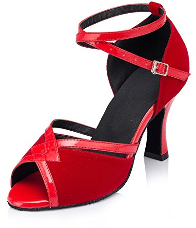 MGM-Joymod Scarpe da Ballo da Donna alla Caviglia Punta Aperta in Materiale Sintetico per Serate Matrimoni Tango Balli Latini, Rosso Scamosciato 8cm, 38 EU