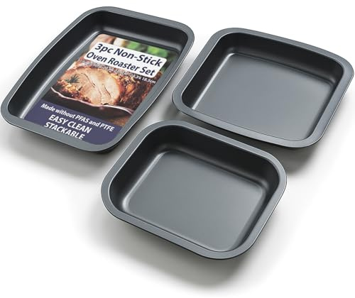 Set of 3 Premium Non-Stick Deep Oven Roasting Trays Set | Lead, PFAS & PTFE Free | Deep, Stackable, Easy Clean, Dishwasher Safe | Perfect for Roast, Baking & Tray Bakes