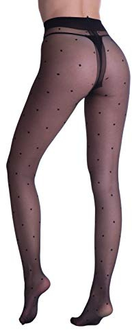 WOOTI TIGHTS Collant SICILIANA NERO L motif à pois pour femme, transparent 20 deniers, fabriqué en Italie.