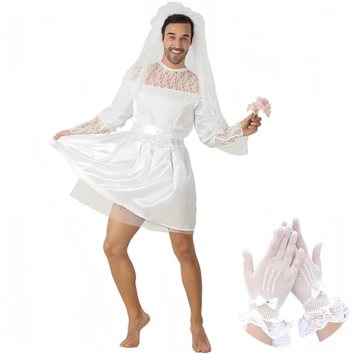MYMG Halloween Men Bride Costume Stag Do Outfit Men's Wedding Dress, Stag Do Accessories Men, Graveyard Bridal Cosplay Deluxe Lace, Party Festival Fancy Dress, Sissy, White, One Size