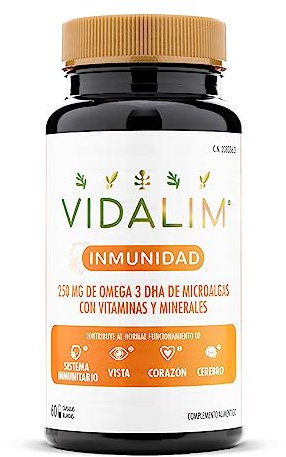 Vidalim Inmunidad. Omega 3 DHA de Microalgas, Vitaminas C, D, E y Minerales (Selenio y Zinc). Bote con 60 cápsulas
