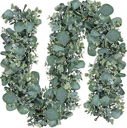 LOMOHOO 2Pcs Eucalyptus Garland Artificial Leaves Garland 5.7Ft Faux Silver Dollar Eucalyptus Vines with White Seeds,Greenery Vines for Wedding Arch Backdrop Home Table Indoor Outdoor Decor