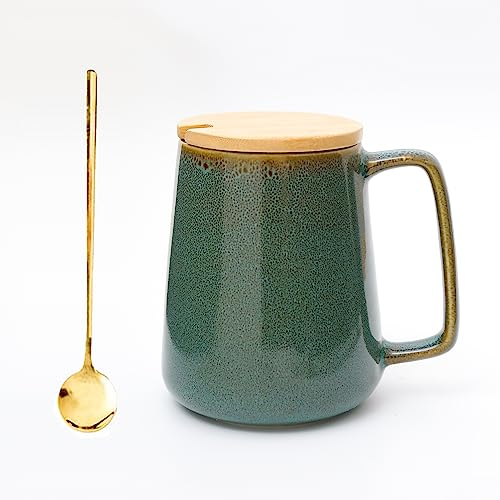 Tasse à café en céramique de 24 oz,tasse à café au lait thé avec couvercle en bois et cuillère，pour céréales Cappuccino Latte au cacao, passe au lave-vaisselle et au micro-ondes(Vert avec couvercle)