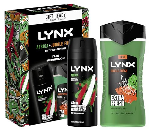 LYNX Africa & Jungle Fresh The Sidekick Duo Deodorant Gift Set 3-in-1 Body, Face & Hair Wash & Body Spray perfect for his daily routine 2 piece