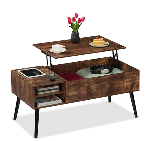 Relaxdays Couchtisch aufklappbar, HBT: 46x100x50 cm, 2 Seitenfächer, Wohnzimmertisch mit Stauraum, Industrial, braun