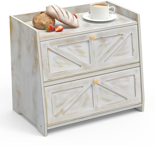 VEDECASA Bambus Brotkasten 2 Regale Brotbox für küche Großer Brotbehälter Lebensmittelecht Brotaufbewahrung Bambus Brotkästen 40x25x35cm Altmodisch Weiß