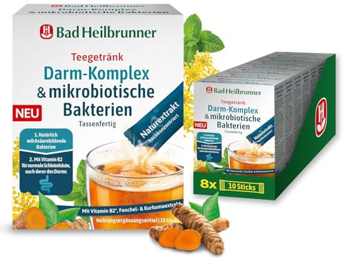 Bad Heilbrunner Tassenfertige Sticks - Darm-Komplex mit Mikrobiotischen Bakterien, Unterstützt die Darmflora mit Fenchel und Kurkuma, Vegan & Glutenfrei – 8 x 10 Sticks