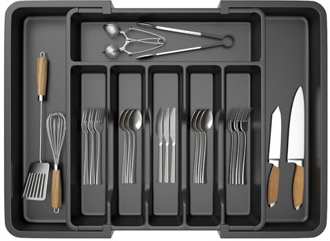Cutlery Drawer Organiser, 33-57CM Expandable Utensil Tray for Kitchen with 8 Compartment Holders, Adjustable Silverware and Flatware Holder, Compact Plastic Storage Insert for Spoons Forks Knives