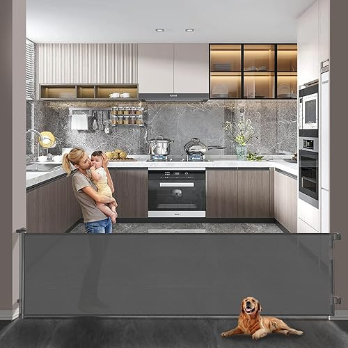 Retractable Mesh Safety Baby or Dog Gate - 86cm Tall, Expands to 300cm Wide, Child & Pet - Fits Doorways, Stairs, Hallways - Indoor/Outdoor,Grey
