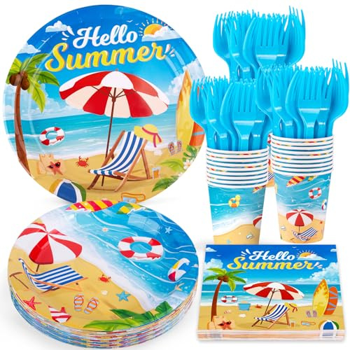 Summer Party Decorations, Beach Party Supplies include Summer Plates and Napkins, Cups and Forks for Beach Birthday Decorations Serves 24