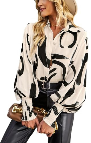 VHUQGVU Camicia Donna Elegante a Maniche Lunghe Classica Blusa Collo V Button Down Stampate Casual Camicette,Marrone 1,M