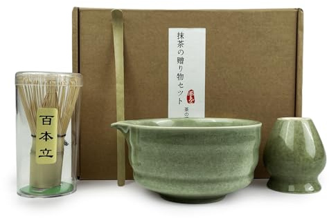 VELLUSTRA Set Di 4 Pezzi Frusta Matcha Kit, Whisk Set, Cucchiaino, Portafrusta, Supporto in Ceramica, Ciotola per Beccuccio, Matcha Tradizionale Giapponese Accessorio, per la Cerimonia Del Tè