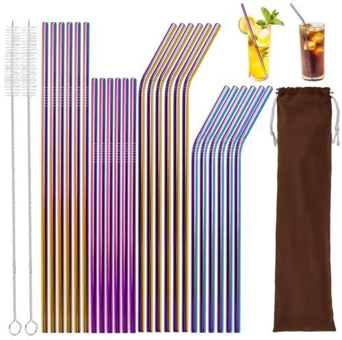 JNEYVIC Lot de 24 Pailles Réutilisables en Acier Inoxydable Colorées Pailles Arc-en-ciel à Boire Réutilisables Paille Longues - 12 Droites + 12 Courbes avec 2 Brosses de Nettoyage + Sac de Rangement