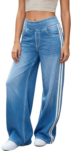 LaiEr Jean à Jambe Large pour Femme Design Unique à Blocs de Couleurs, Taille Haute avec Contention Abdominale, Coupe Droite et Ample.Denim en Pantalons à Haute élasticité(MediumLightBlue,XS)