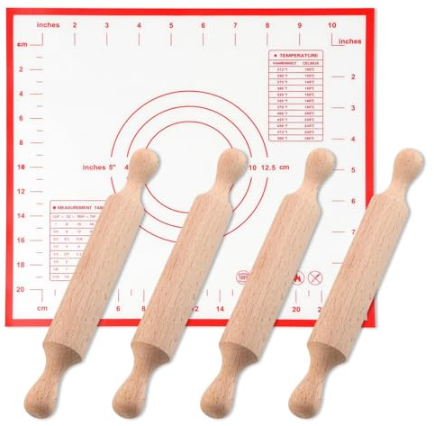 Mini Rolling Pin 4 Pack Small Christmas Wooden Rolling Pin with Silicone Baking Mat Non-Stick Playdough Dough Rollers for Baking Cookie Making Pizza Pie Crust Embossed Pastry Xmas Gift for Kitchen Fun