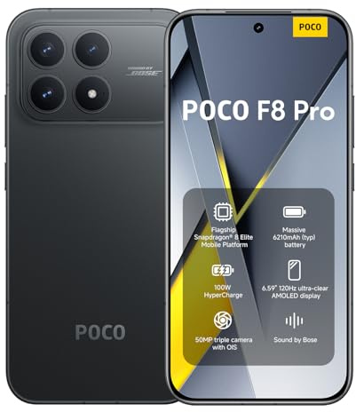XIAOMI POCO F8 Pro, Smartphone 12+512 GB, 6.59 120Hz AMOLED Display, 50MP Triple Camera 60mm Telephoto, Sound by Bose, 6210mAh (typ) Battery, Black, Charger Not Included