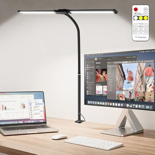 vsshe Lampe de Bureau à Double Tête LED Réglable, 160 LEDS 3 Modes Couleur 10 Luminosité Lampe de Lecture Flexible à 360° avec Télécommande & Contrôle Tactile pour Gaming, écran PC, Dessin, Puzzle