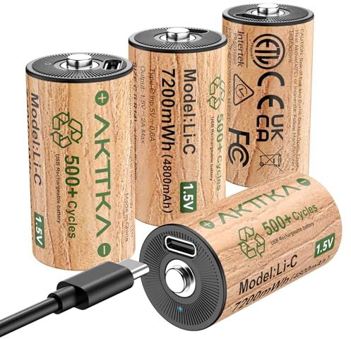 AKTTKA Rechargeable C Batteries 1.5V 7200mWh, High Capacity C Lithium Battery with Type C Charging Cable, Low Self-Discharge, Rechargeable Type C / R14 / LR14 Batteries (4 pack)