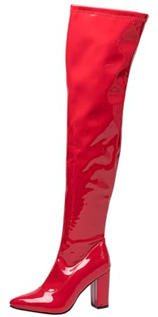 TNMIUH Bottes Cuissardes Femme Noir Rouge Blanc Verni à Talon Bloc Bout Pointu Sexy Bottes au-Dessus du Genou Longues Gogo Boots Soirée Club Fête Mode Hiver,Red b,43 EU