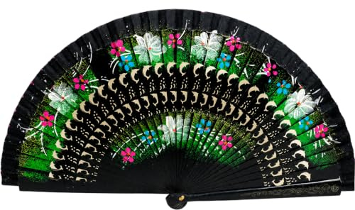 Xoeryoy Abanico español, Abanico de Mano Plegable de Madera Pintada de Doble Cara, abanicos de Fiesta para Danza, decoración de Festivales (Negro)
