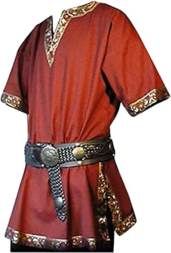 Medievale Tunica Uomini Performance Abbigliamento V-Neck Cos Golden Side Manica Corta Pirata Camicia Costume Senza Cintura, Rosso, M