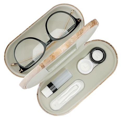 Muf 2 in 1 Contact Lens Case and Glasses Case, Double Sided Design with Mirror, Portable Travel Kit with Tweezer, Remover and Solution Bottle, Red Marble