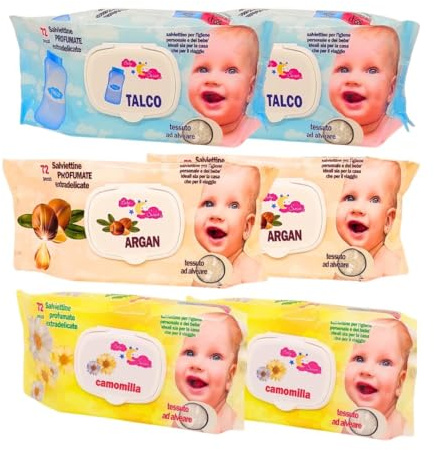 Salviette neonato igienizzanti umidificate per igiene personale e per bambino - Talco Argan Camomilla - 432 Salviette extradelicate struccanti con tessuto ad alveare