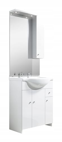 Deftrans Domodomo - Lavabo con Specchio Salvaspazio a Terra, LED - Set Mobili da Bagno Moderni - Elegante Design Bianco 105x80x48 cm