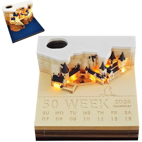 Lotvic Time Piece Calendar, 2026 Desk Calendar with LED Light, 3D Calendar Paper Carving Art Memo Pad, Castle Tear off Calendars for Home Office Desktop Decoration Christmas Housewarming Gift