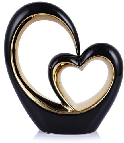 oliruim Statua decorativa a forma di cuore in ceramica, scultura nera con doppio cuore, decorazione per la casa, centrotavola, San Valentino, matrimonio, oggetti decorativi per scaffali, tavolino da