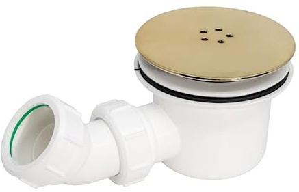 Fluidmaster 90mm Hi-Flow Shower Trap/Drain – Brushed Brass & White – Fast Drainage & Stylish Design