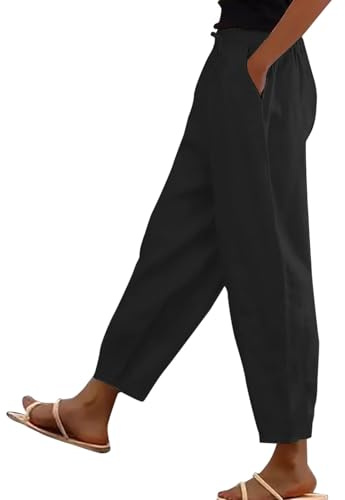 cropped trousers women, Cotton Linen Trousers Womens UK Solid Color Elasticated Waist Trouser Ladies Summer Lounge Pants Plain Loose Fit Capri Pant Casual Straight Leg Bottoms with Pockets Black L