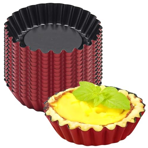 Set mit 16 Mini-Tarte-Formen, rund, Karbonstahl, 7,6 cm, abnehmbarer Boden, antihaftbeschichtet, Rot und Schwarz, ideal für Mini-Kuchen und Törtchen