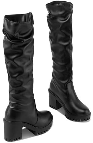 WOkismD Stivali Donna Slouchy al Ginocchio con Tacco Piattaforma Spessa e Suola Carrarmato, Moda Audace,Nero,35 EU